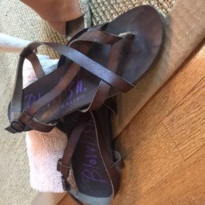 Three pairs of sandals. Blowfish:size 6. Other 2 are size 6 1/2 and leather.